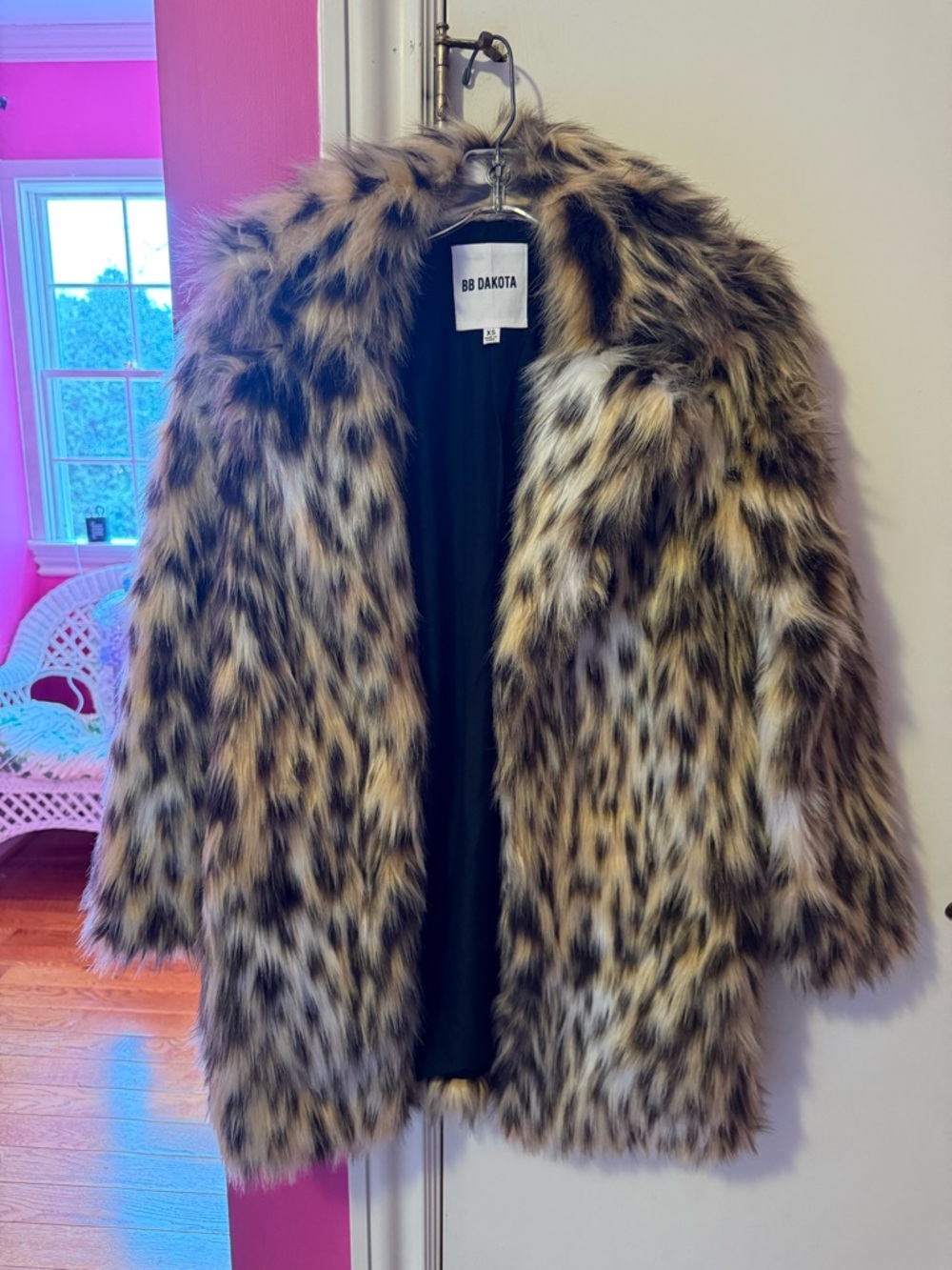 BB Dakota Faux Fur Leopard-Style Coat in Tan, Black & Cream